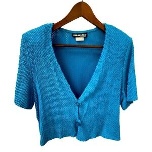 Vintage Sharade Cropped Cardigan Stretch Turquoise Short Sleeve Size 12 Petite